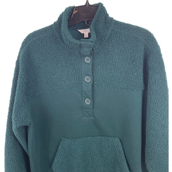 Time and Tru Womens Large Green French Terry Faux Sherpa Pullover Top Sweatshirt - Picture 3 of 8
